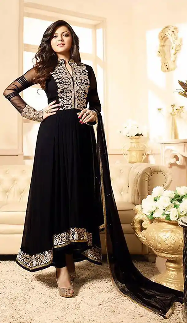 Black Georgette A Line Style Party Wear Stitched Salwar Kameez with Dupatta | FH436869197