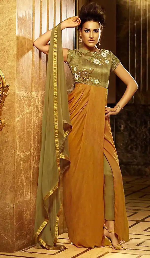 Party Wear Style Stitched Salwar Kameez with Dupatta in Chiffon Mehendi Green | FH437169227