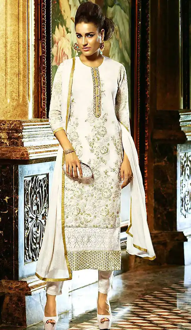 Party Wear Style Stitched Salwar Kameez with Dupatta in Georgette Off White | FH437169228