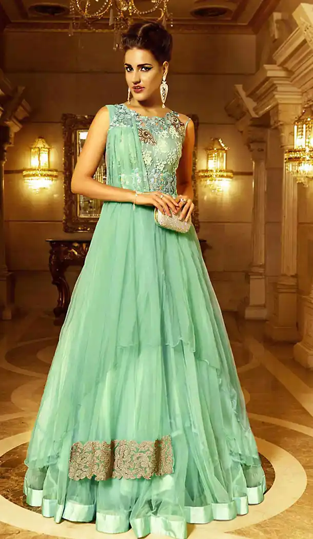 Party Wear Style Stitched Salwar Kameez with Dupatta in Net Aloe Vera Green | FH437169229