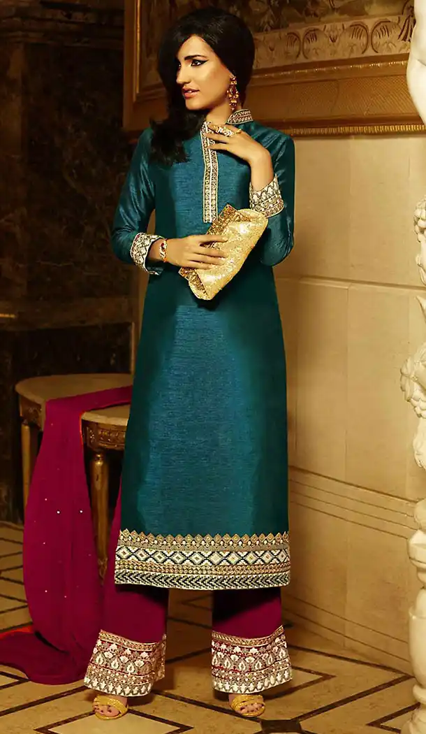 Party Wear Style Stitched Salwar Kameez with Dupatta in Pure Silk Cadet Blue | FH437169231
