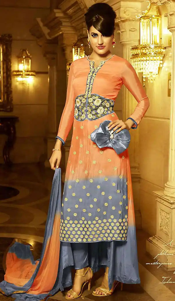 Party Wear Style Stitched Salwar Kameez with Dupatta in Georgette Orange | FH437169233