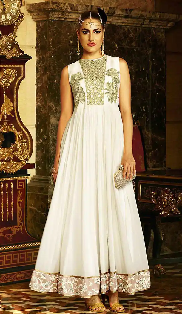 Party Wear Style Stitched Salwar Kameez with Dupatta in Georgette Off White | FH437169234