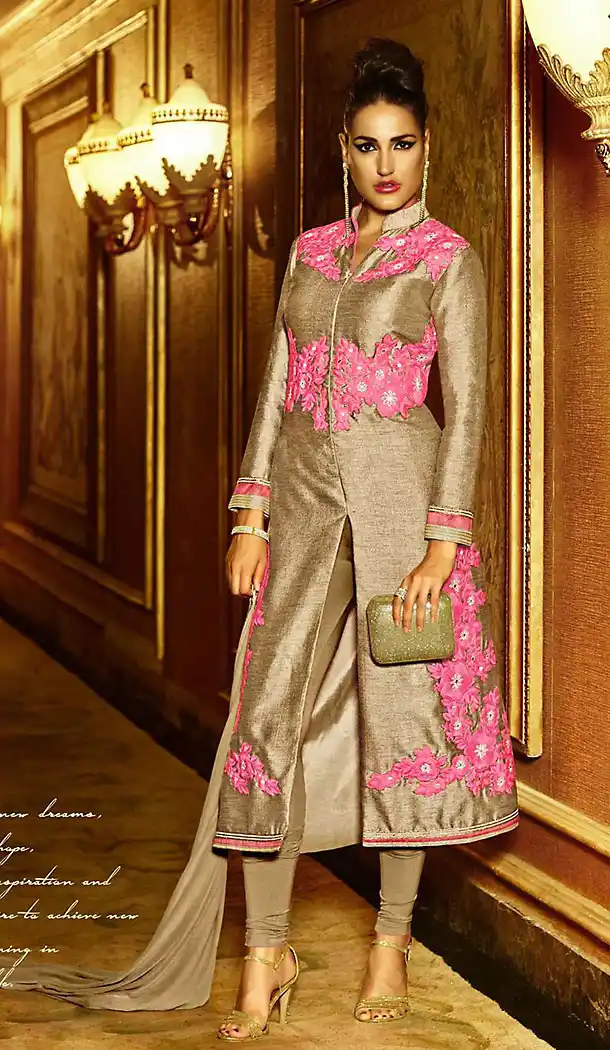 Party Wear Style Stitched Salwar Kameez with Dupatta in Pure Silk Tan Brown | FH437169235