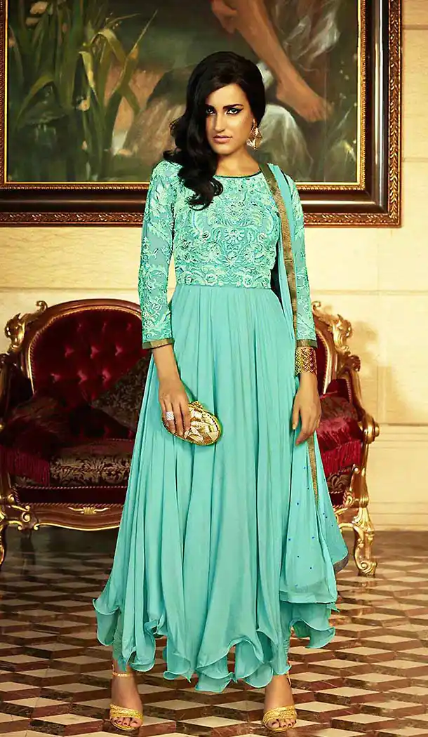Party Wear Style Stitched Salwar Kameez with Dupatta in Georgette Turquoise | FH437169236