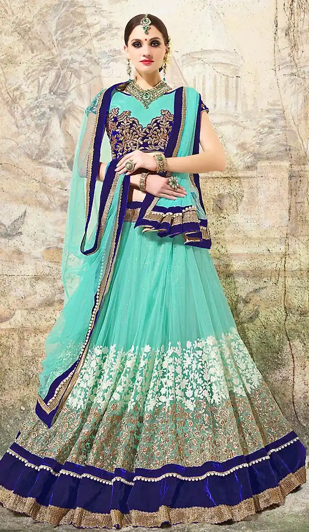 Turquoise Color Net Designer Lehengas Choli with Dupatta | FH437269219