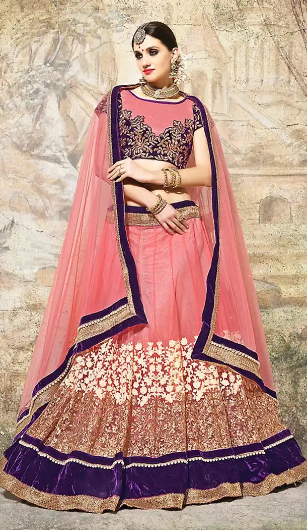 Salmon Color Net Designer Lehengas Choli with Dupatta | FH437269220