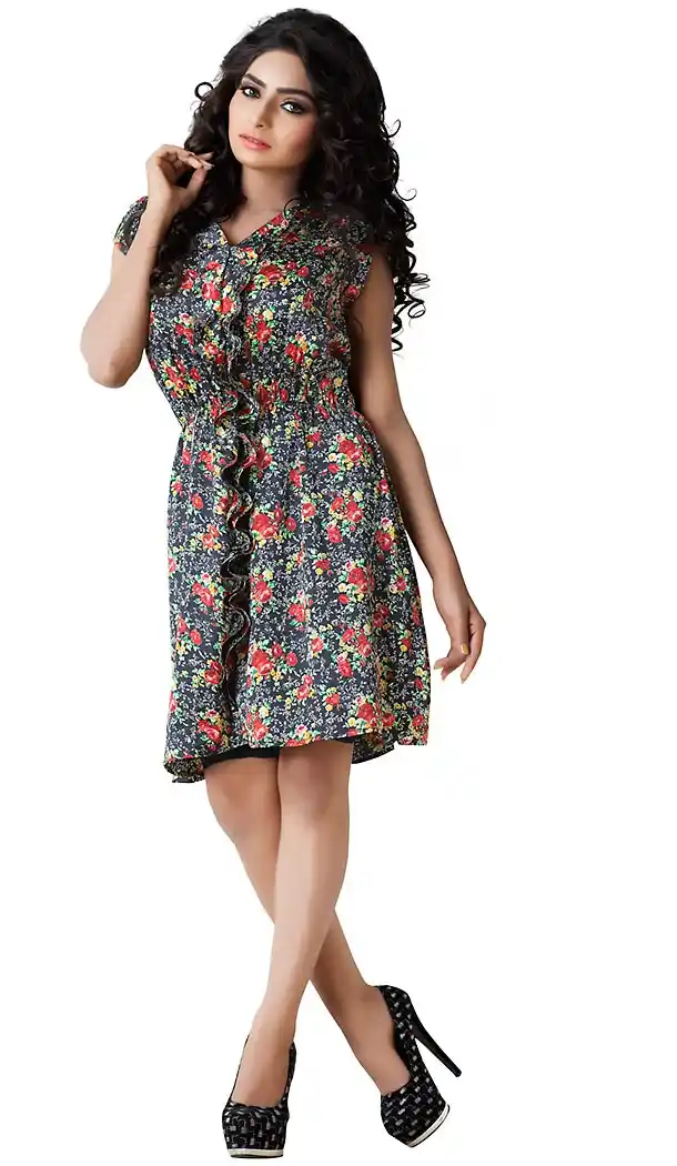 Jet Black Color Satin Western Wear Readymde Dresses For Ladies | FH437369237
