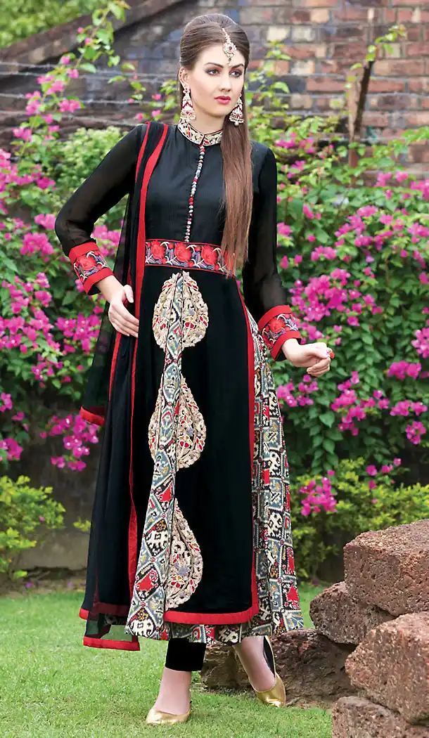 Party Wear Style Readymde Salwar Kameez with Dupatta in Dupioni Raw Silk Black Color | FH437869293
