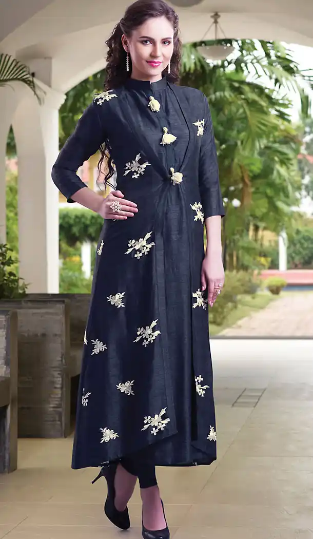 Party Wear Style Readymde Salwar Kameez with Dupatta in Bhagalpuri Silk Navy Blue Color | FH437869294