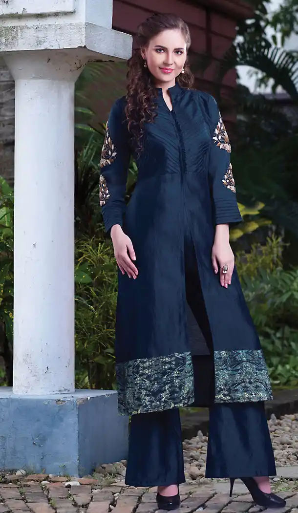 Party Wear Style Readymde Salwar Kameez with Chanderi Silk Navy Blue Color | FH437869301