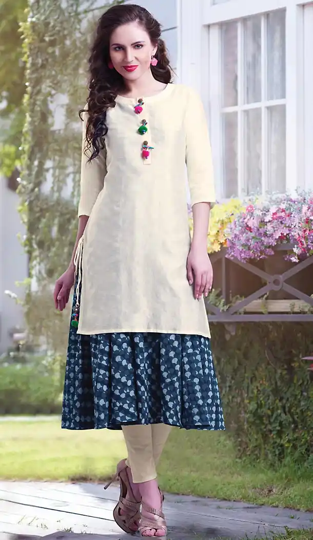 Cream Color Chanderi Silk Straight Cut Style Girls Readymade Kurti Online | FH438169323