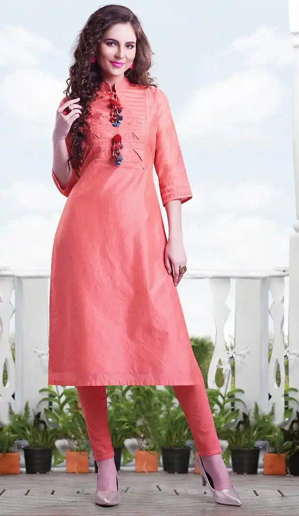 Salmon Color Chanderi Silk Straight Cut Style Girls Readymade Kurti Online | FH438169324
