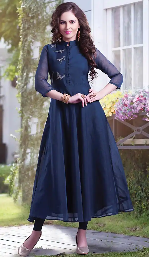 Navy Blue Color Chanderi Silk A-line Style Girls Readymade Kurti Online | FH438169325