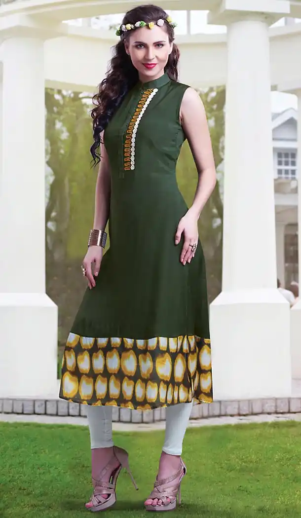 Olive Green Color Chiffon A-line Style Girls Readymade Kurti Online | FH438169326
