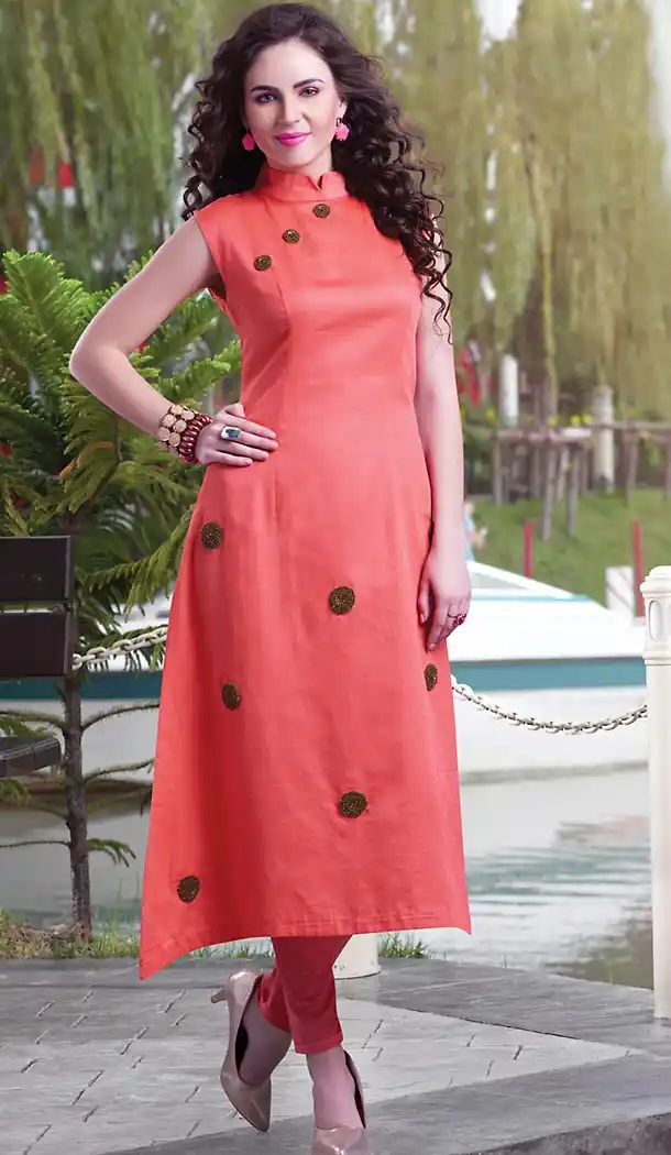 Tomato Color Linen Straight Style Girls Readymade Kurti Online | FH438169327