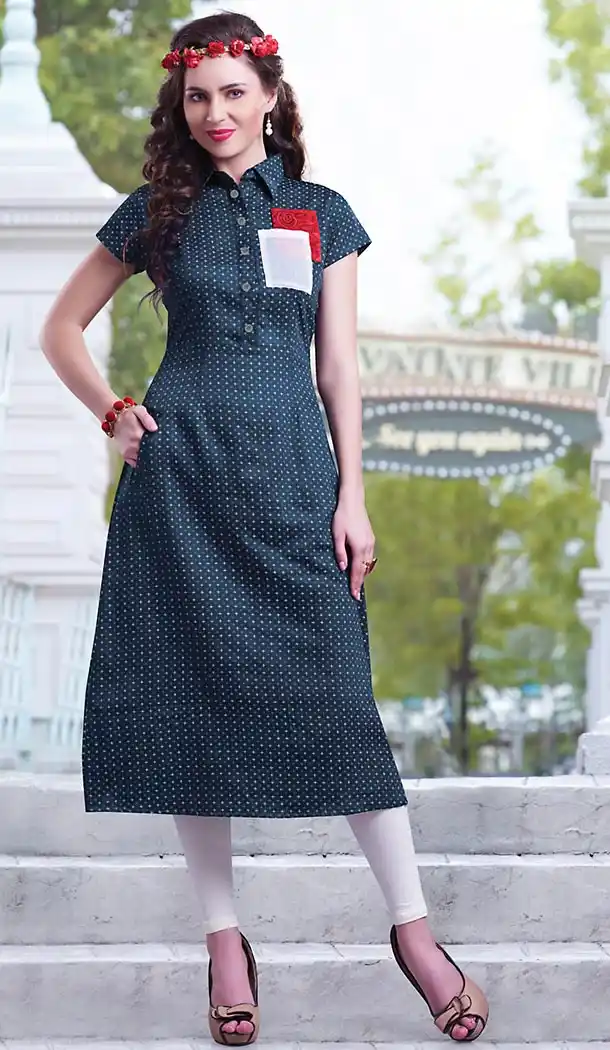 Navy Blue Color Cotton Straight Style Girls Readymade Kurti Online | FH438169328
