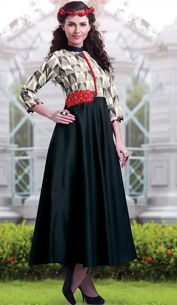 Black Color Silk A-line Style Girls Readymade Kurti Online | FH438169329