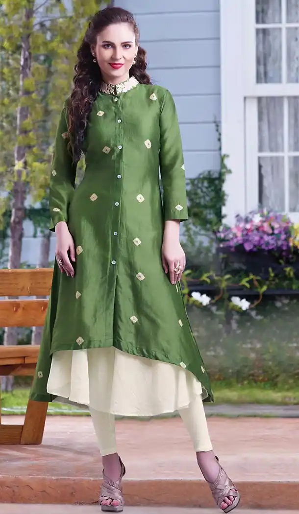 Olive Green Color Chanderi Silk Achkan Style Girls Readymade Kurti Online | FH4381693332