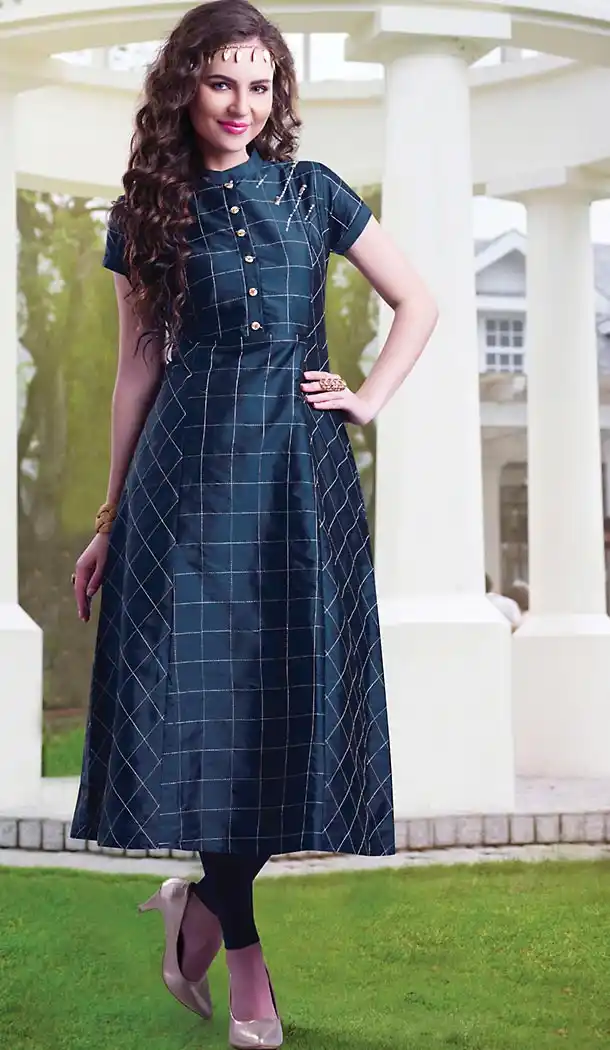 Navy Blue Color Silk A-line Style Girls Readymade Kurti Online | FH438269338