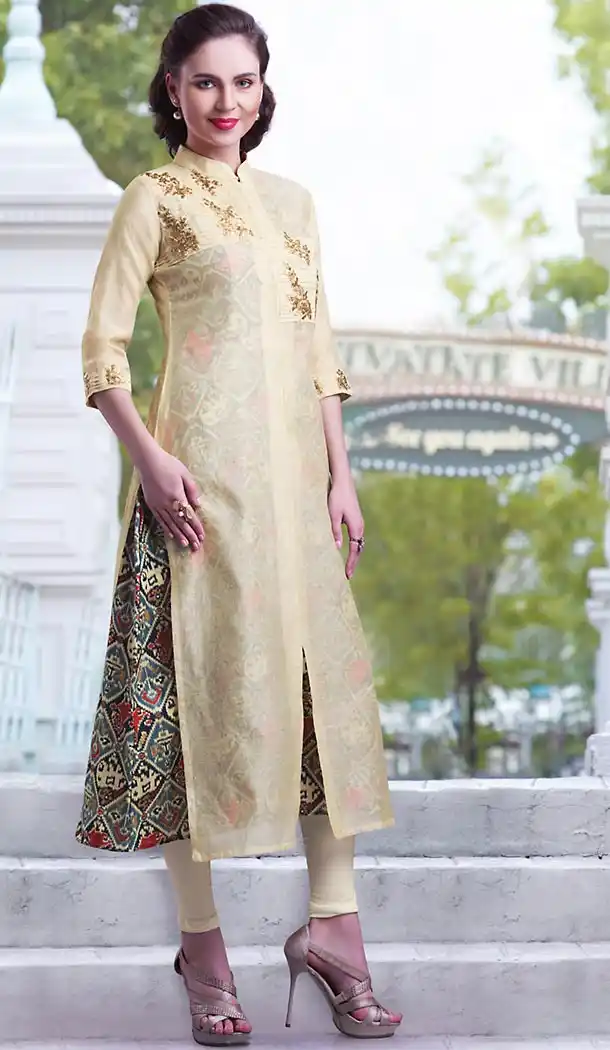 Cream Color Chanderi Silk A-line Style Girls Readymade Kurti Online | FH438269339