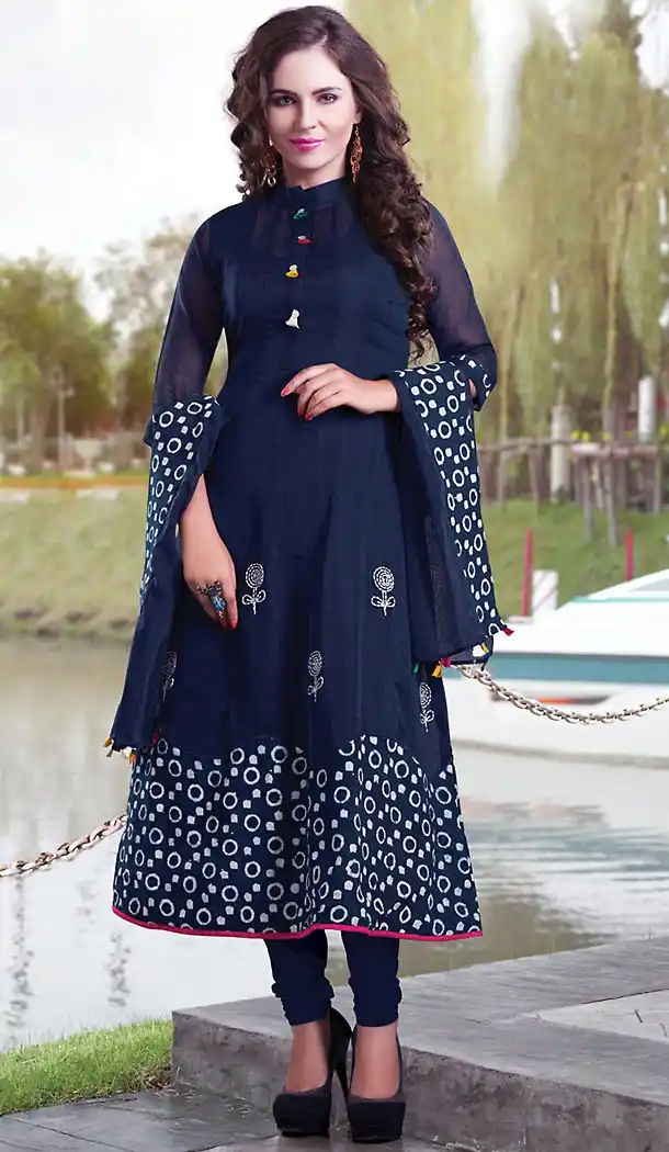 Navy Blue Color Chanderi Silk A-line Style Girls Readymade Kurti Online | FH438269341