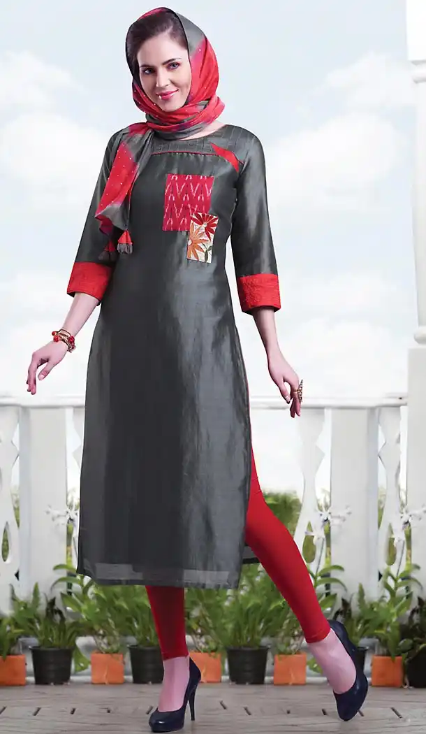Slate Gray Color Chanderi Silk Straight Style Girls Readymade Kurti Online | FH438269342
