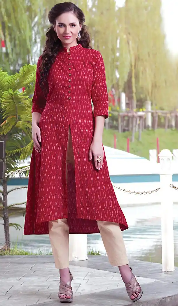 Crimson Color Cotton Achkan Style Girls Readymade Kurti Online | FH438269344