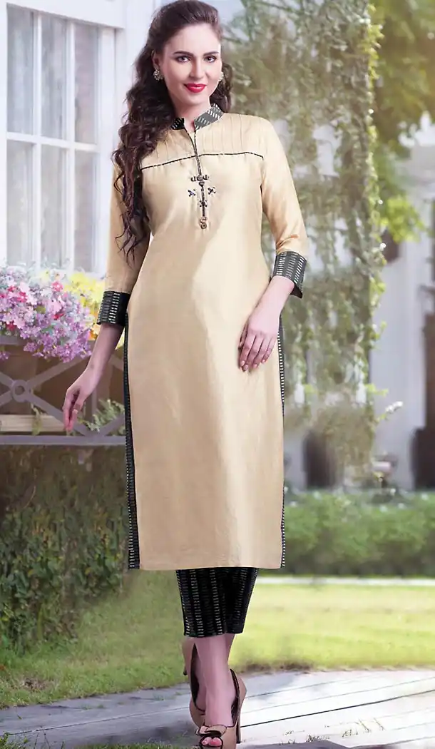 Cream Color Chanderi Silk Straight Style Girls Readymade Kurti Online | FH438269346