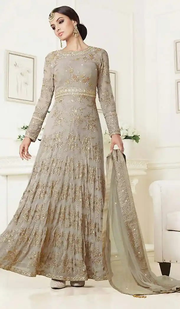 Dove Color Georgette Designer Anarkali Style Stitched Pakistani Dresses with Dupatta | FH438369348