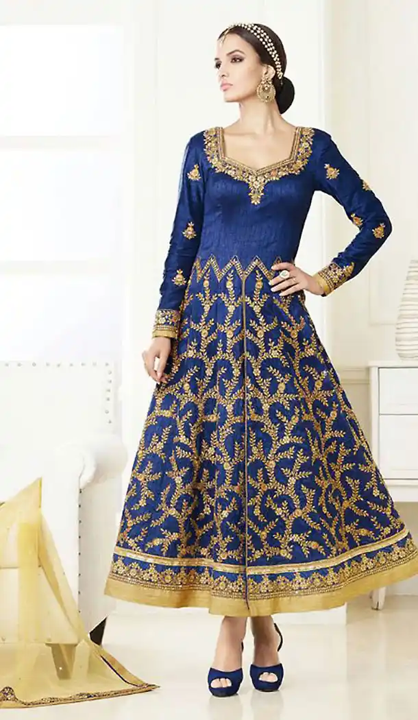 Navy Blue Color Silk Designer Anarkali Style Stitched Pakistani Dresses with Dupatta | FH438369348