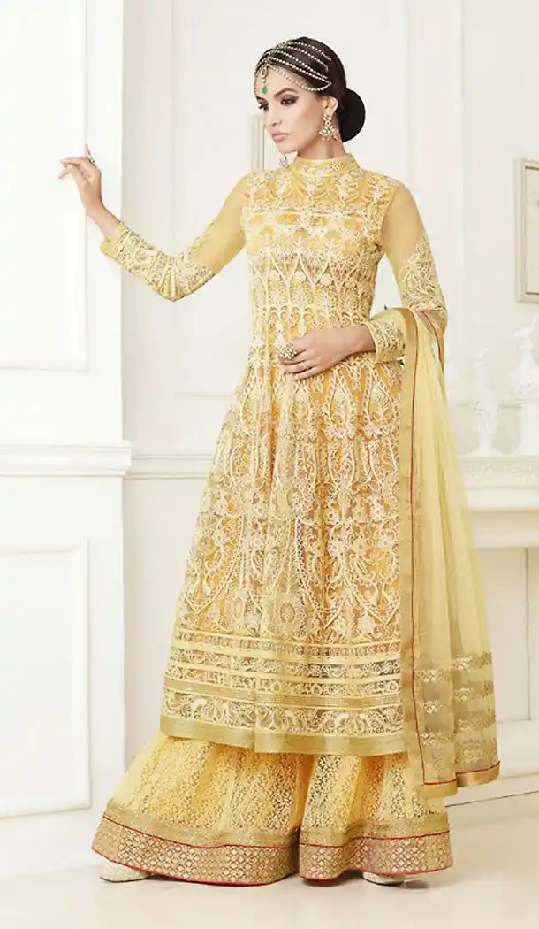 Cream Color Net Designer A Line Style Stitched Pakistani Dresses with Dupatta | FH438369350