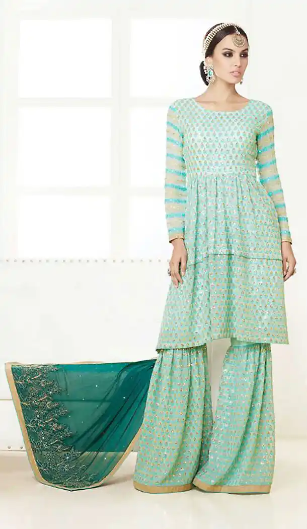 Light Turquoise Color Georgette Designer Straight Cut Style Stitched Pakistani Dresses with Dupatta | FH438369351