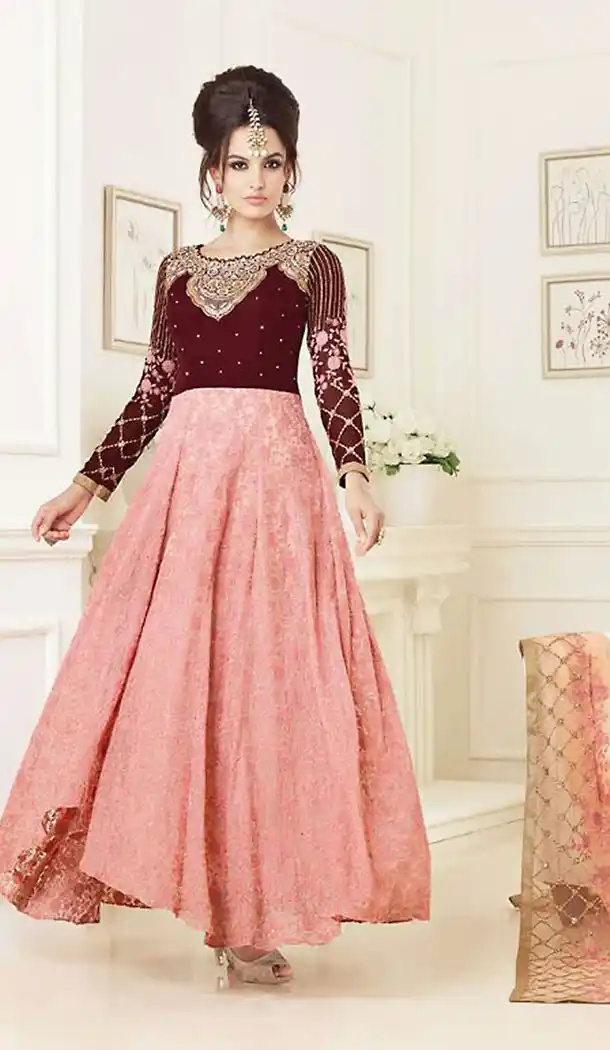 Maroon Color Net Designer A Line Style Stitched Pakistani Dresses with Dupatta | FH438369352