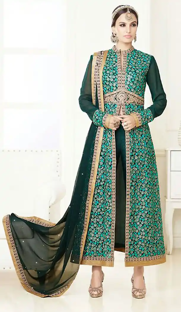 Bottle Green Color Georgette Designer Achkan Style Stitched Pakistani Dresses with Dupatta | FH438369353