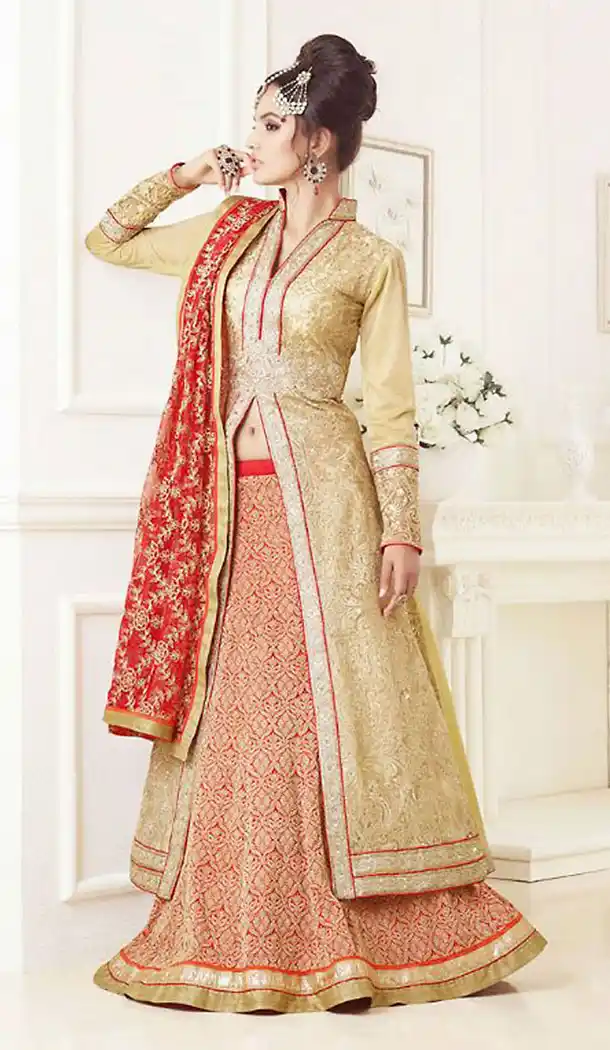 Beige Color Net Designer Achkan Style Stitched Pakistani Dresses with Dupatta | FH438369354
