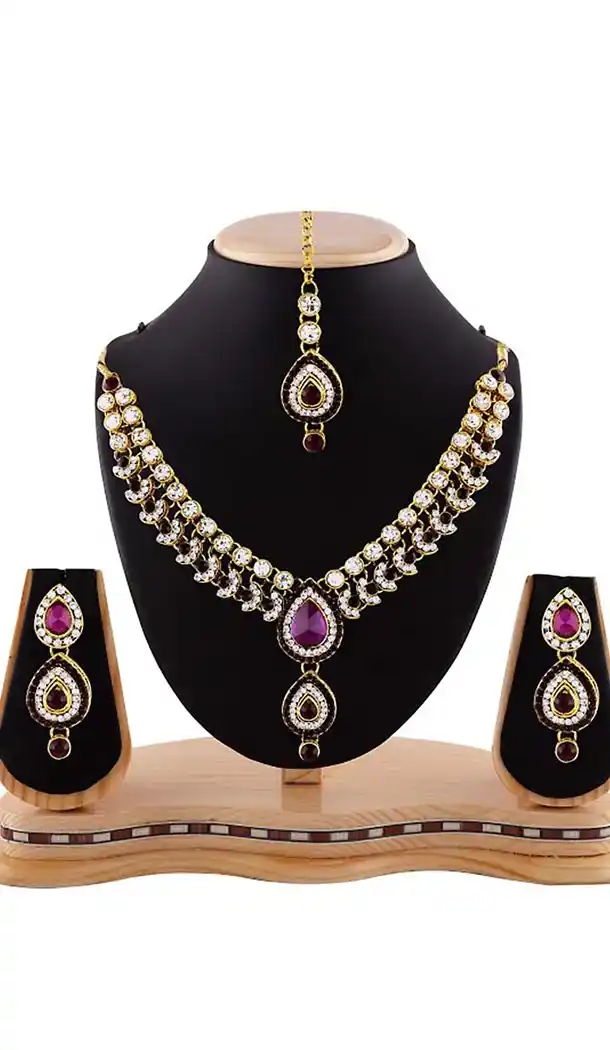 Fuchsia and Maroon Color American Diamond Semi Precious Jewellery | FH438569357