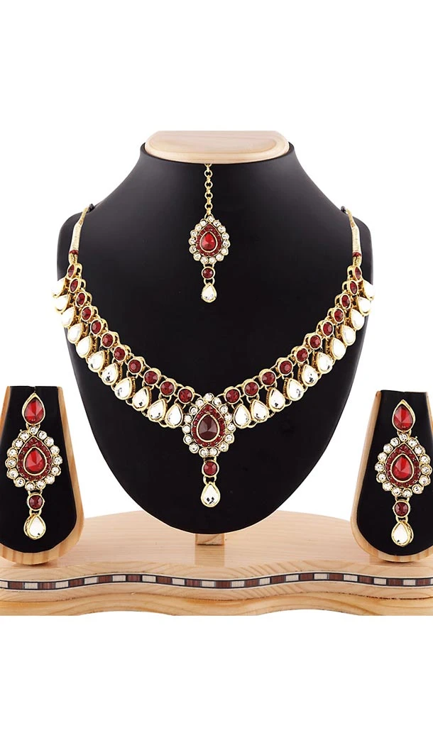 White and Maroon Color American Diamond Semi Precious Jewellery | FH438569362