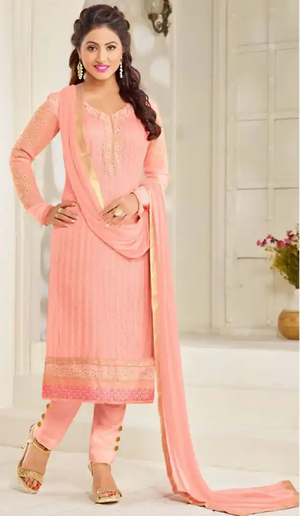 Salmon Color Georgette Straight Cut Style Pakistani Formal Dresses with Dupatta | FH438869384