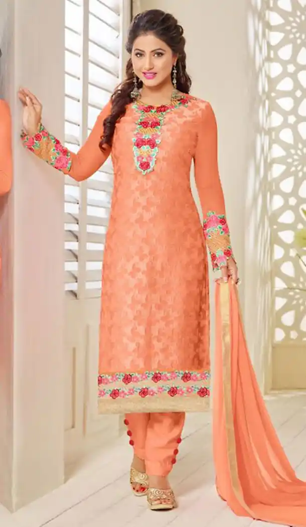Orange Color Georgette Straight Cut Style Pakistani Formal Dresses with Dupatta | FH438869388
