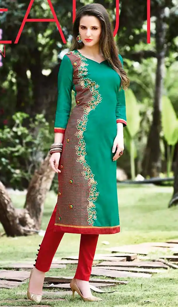 Emerald Color Cotton Straight Style Readymade Kurtas/Kurtis for Women | FH439469470