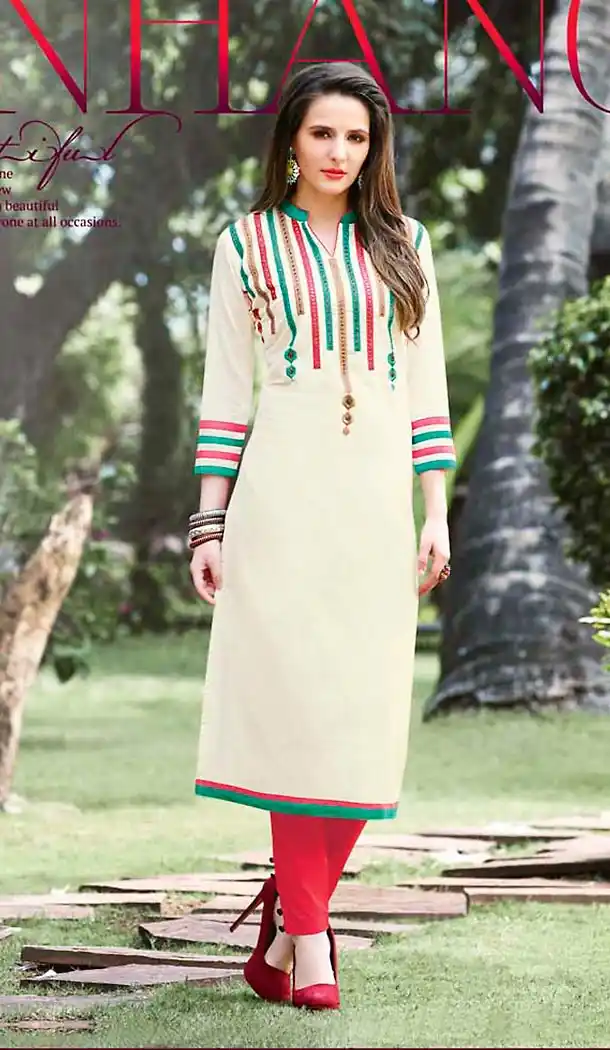 Cream Color Cotton Straight Style Readymade Kurtas/Kurtis for Women | FH439469471
