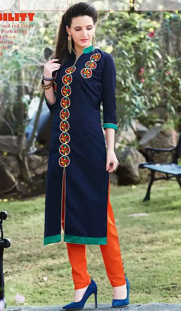 Navy Blue Color Cotton Achkan Style Readymade Kurtas/Kurtis for Women | FH439469472