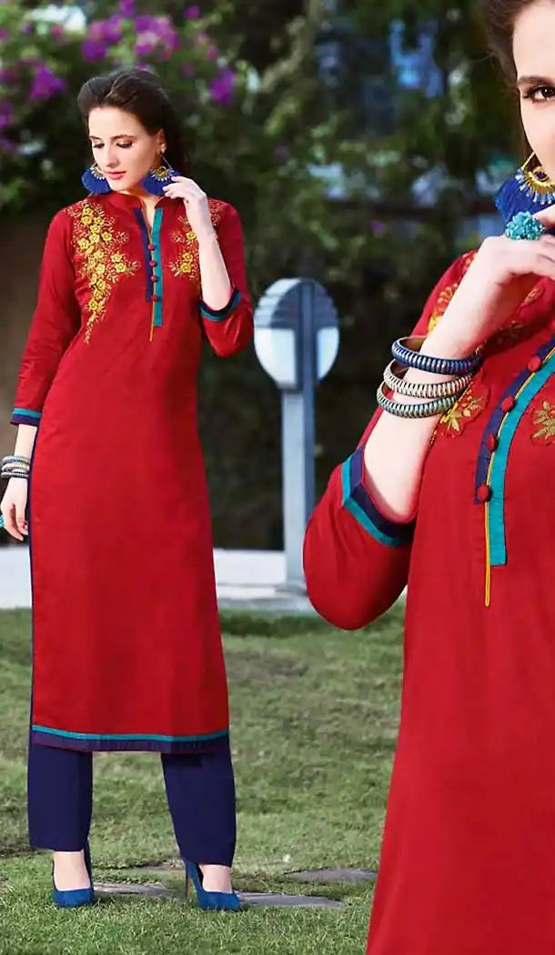 Deep Scarlet Color Cotton Straight Style Readymade Kurtas/Kurtis for Women | FH439469473