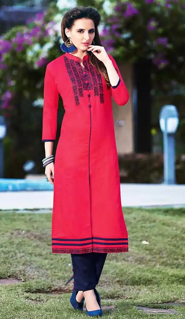 Deep Pink Color Cotton Achkan Style Readymade Kurtas/Kurtis for Women | FH439469475