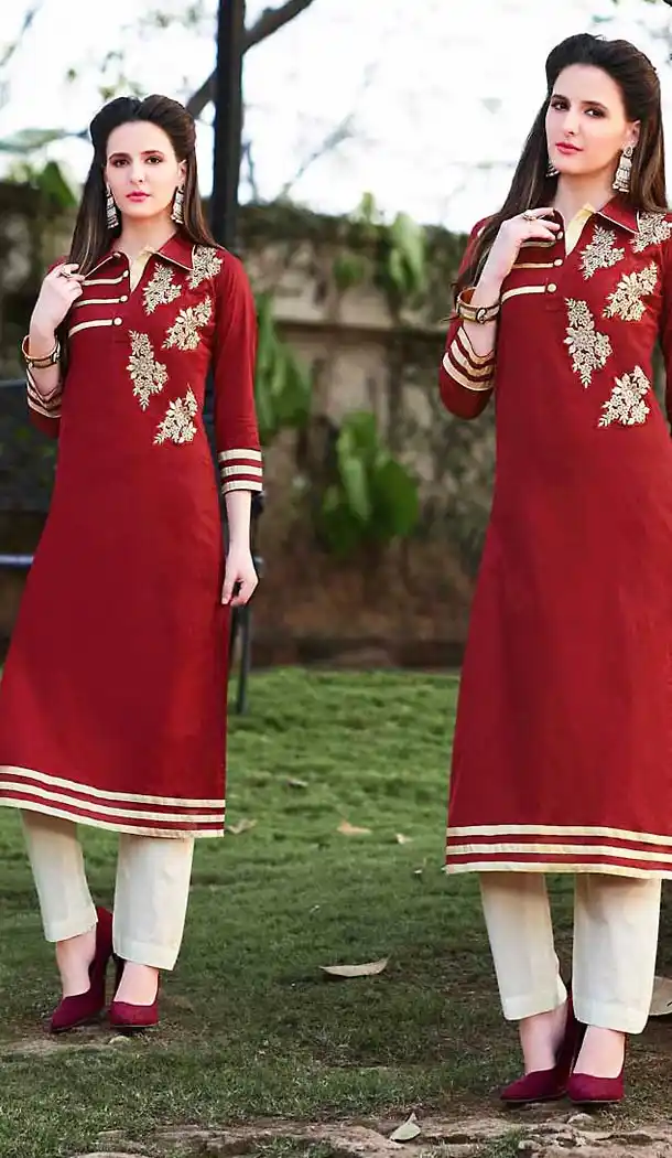 Brick Red Color Cotton Straight Style Readymade Kurtas/Kurtis for Women | FH439469476
