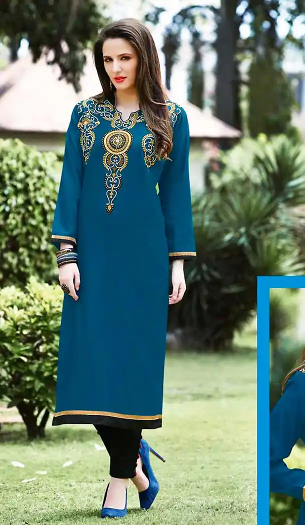 Steel Blue Color Cotton Straight Style Readymade Kurtas/Kurtis for Women | FH439469477