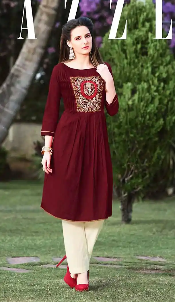 Maroon Color Cotton A-line Style Readymade Kurtas/Kurtis for Women | FH439469478
