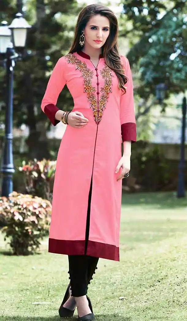 Salmon Color Cotton Achkan Style Readymade Kurtas/Kurtis for Women | FH439469479