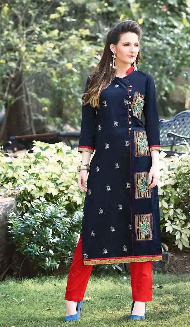 Navy Blue Color Cotton Angrakha Style Readymade Kurtas/Kurtis for Women | FH439469480